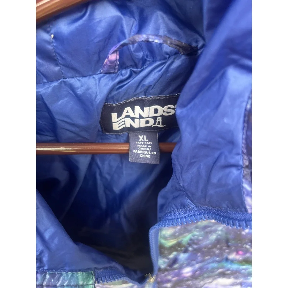 Lands End Galaxy Print Hooded Puffer Jacket Kids XL 14-16 Purple Blue Star Coat